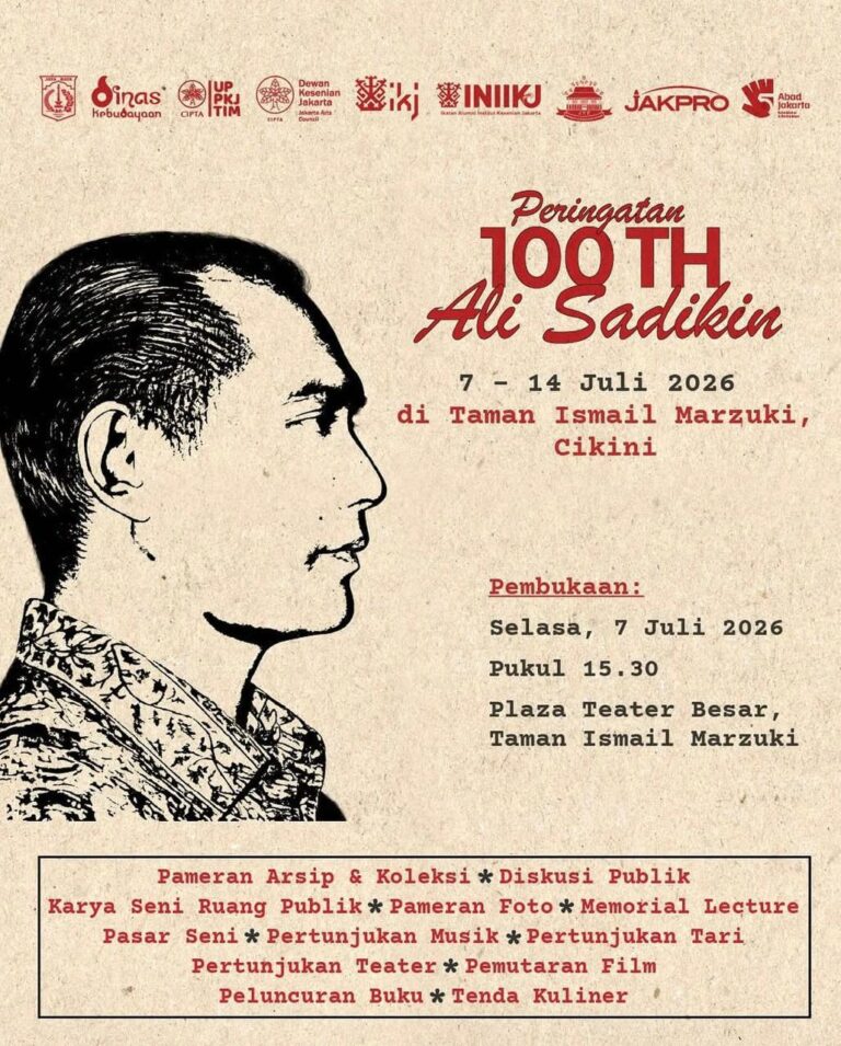 Taman Ismail Marzuki (TIM) akan menggelar peringatan 100 Tahun Ali Sadikin pada Selasa, 7 Juli 2026, di Plaza Teater Jakarta, TIM, mulai pukul 15.30 hingga 20.00 WIB.